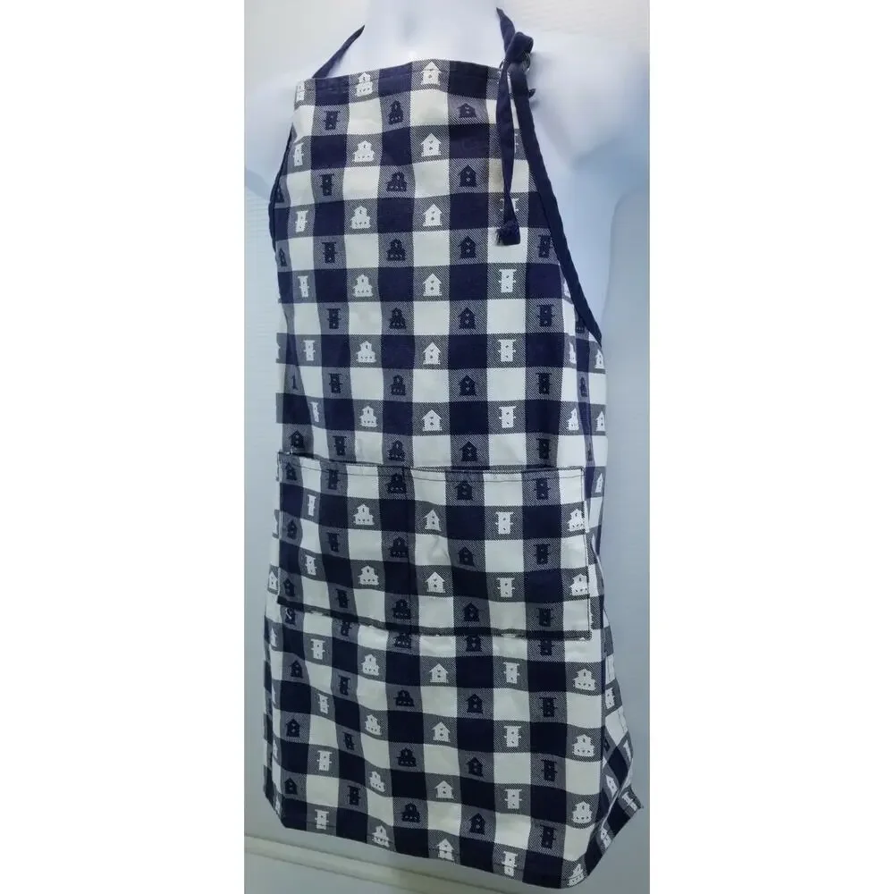 QQ) Hometex Blue White Country Cottage Chef's Apron Double Pocket 100% Cotton